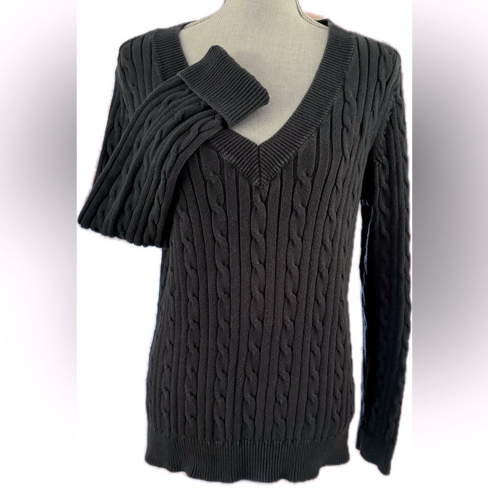 CHAPS by LAUREN Black Cable Knit Sweater Cotton V-Neck Very Good pre-owned XL-L